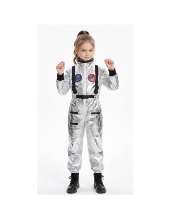 Boys Girls Astronaut Costume Silver Space Suit Halloween Role Play Costume for Kids Party Performance New Year Carnival Gift YM8819