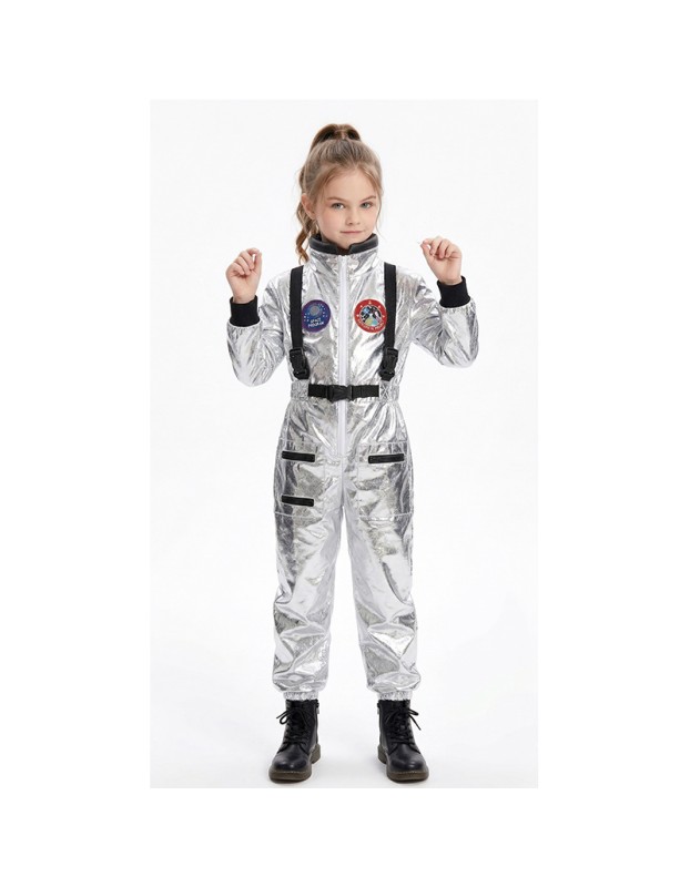 Boys Girls Astronaut Costume Silver Space Suit Halloween Role Play Costume for Kids Party Performance New Year Carnival Gift YM8819
