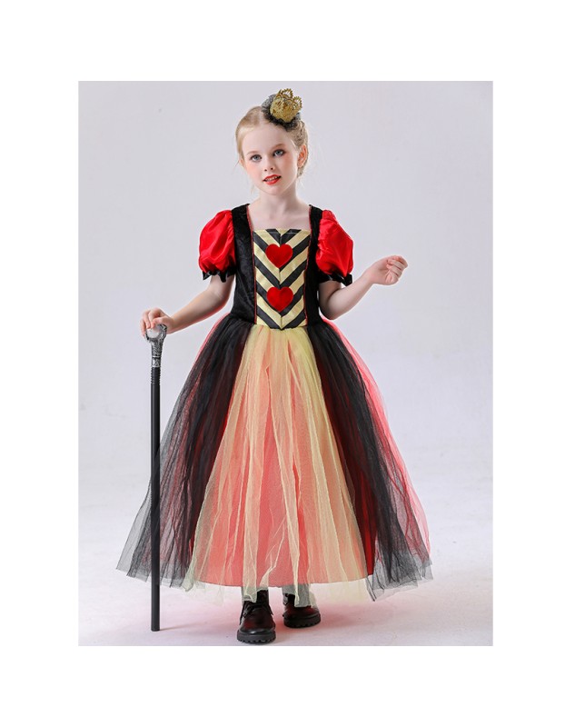 Red Queen of Hearts Long Costumes for Girls Princess's Dress Halloween Puff Sleeves Mesh Yarn Tutu Dress Carnival Party Outfit YM8815