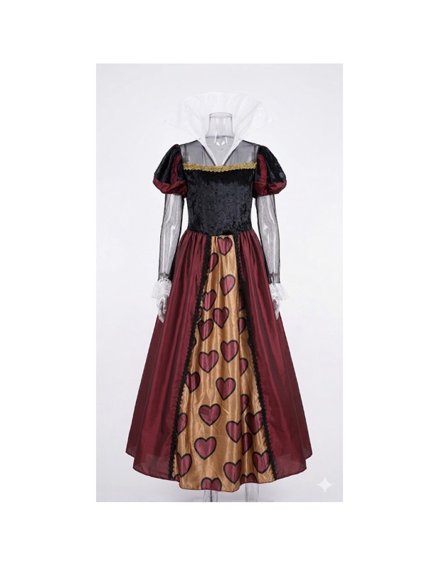 Women's Queen of Hearts Costume, Deluxe Long Dress with Heart Print for Halloween Cosplay, Themed Party YM8816