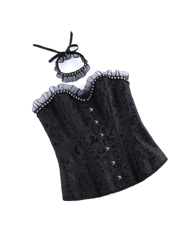 Sexy Women Black Corset Bustier Vintage Gothic Elegant Lady Party Corsets Lace-up Mesh Ruffles Strapless Top Waist Trainer WKD6821