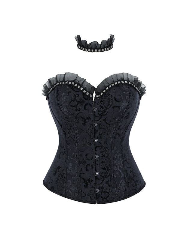 Sexy Women Black Corset Bustier Vintage Gothic Elegant Lady Party Corsets Lace-up Mesh Ruffles Strapless Top Waist Trainer WKD6821
