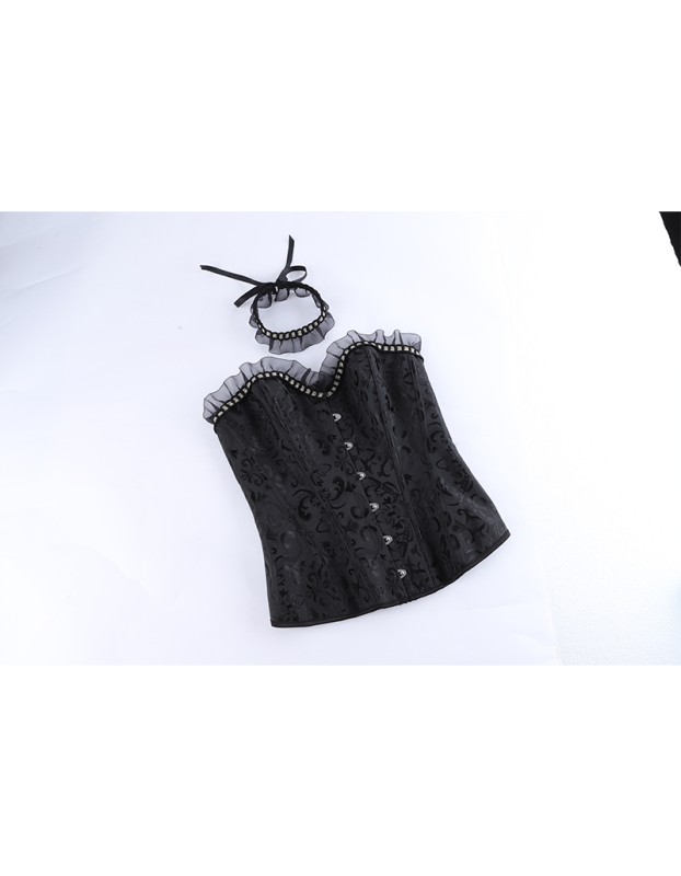 Sexy Women Black Corset Bustier Vintage Gothic Elegant Lady Party Corsets Lace-up Mesh Ruffles Strapless Top Waist Trainer WKD6821