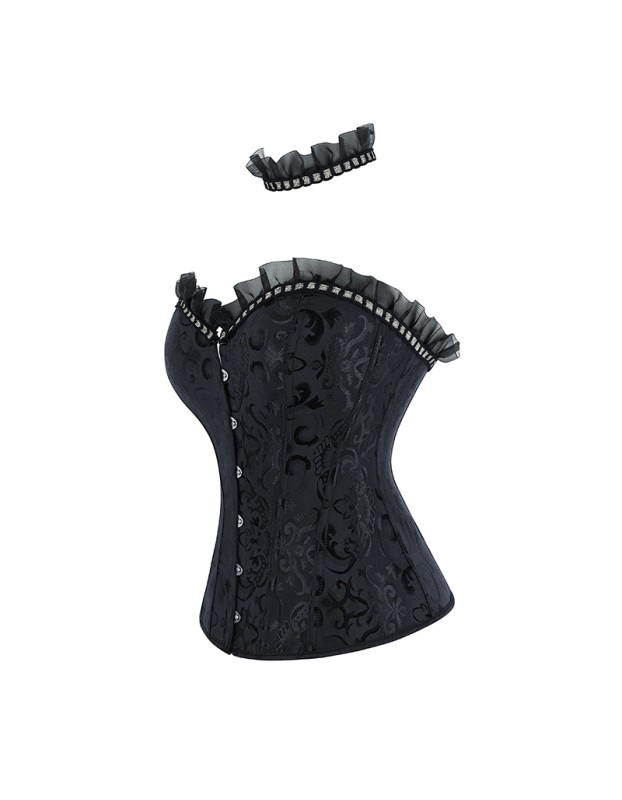 Sexy Women Black Corset Bustier Vintage Gothic Elegant Lady Party Corsets Lace-up Mesh Ruffles Strapless Top Waist Trainer WKD6821