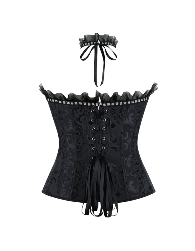 Sexy Women Black Corset Bustier Vintage Gothic Elegant Lady Party Corsets Lace-up Mesh Ruffles Strapless Top Waist Trainer WKD6821